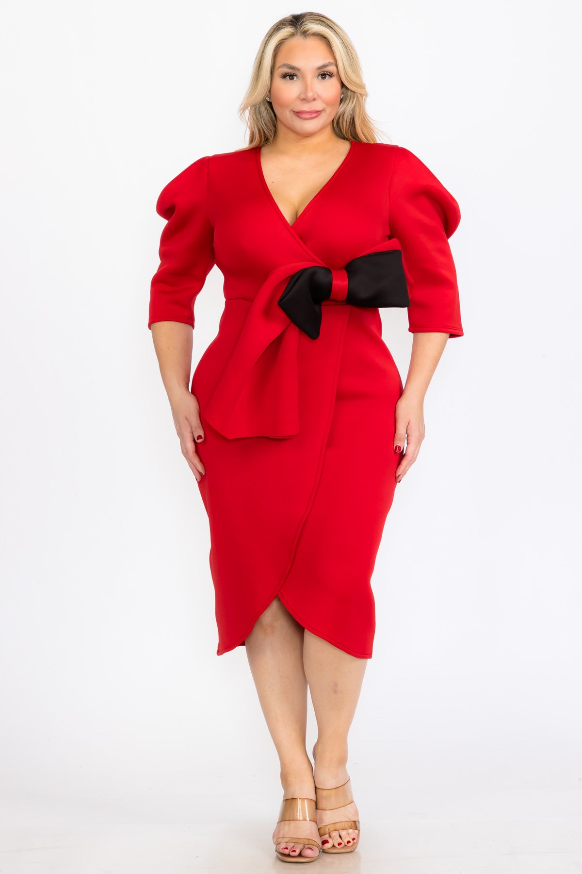 Plus Size Puffy Cap 3/Sleeves Wrap Peplum Midi Dresses with Bow Waist
