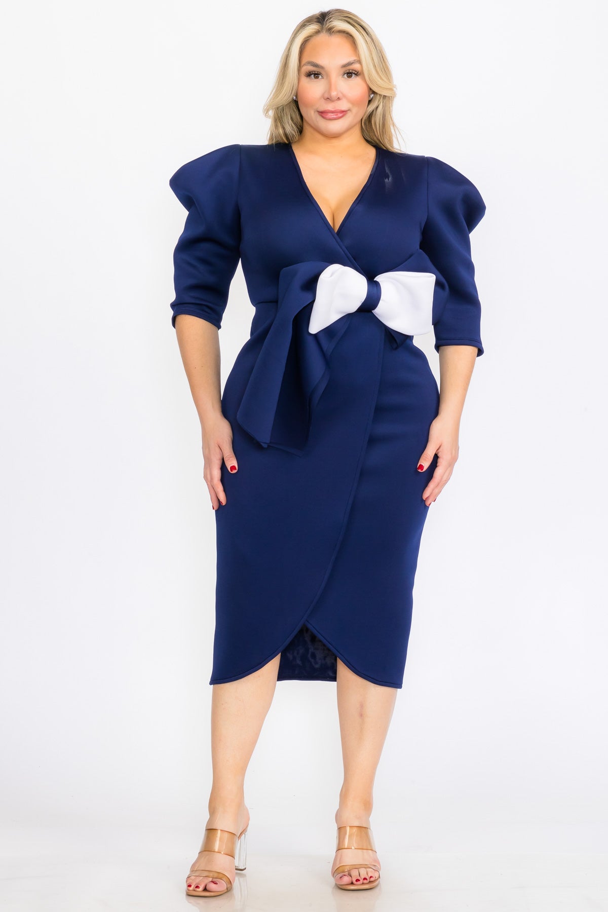 Plus Size Puffy Cap 3/Sleeves Wrap Peplum Midi Dresses with Bow Waist