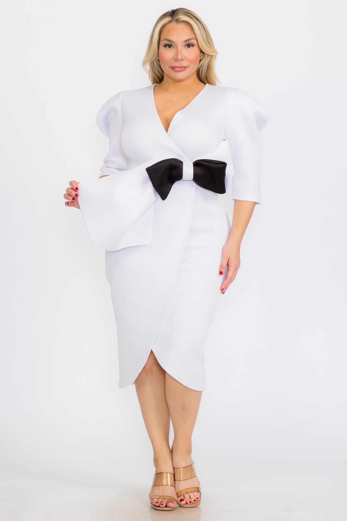 open lace back dress Plus Size Puffy Cap 3/Sleeves Wrap Peplum Midi Dresses with Bow Waist  Detail