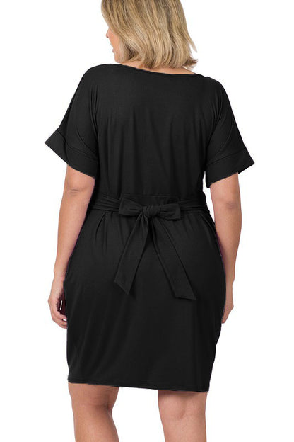 Hi Curvy Plus Size Women Brushed Tie Belt Dress