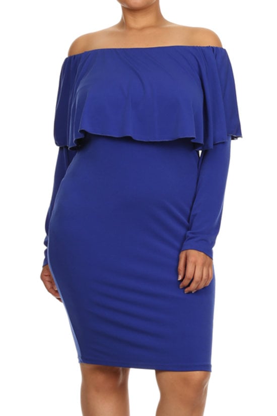 Plus Size Long Sleeves Ruffle Off Shoulder Bodycon Mini Dress Made in USA
