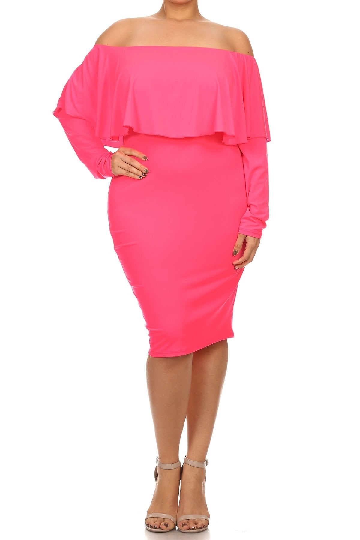 Plus Size Long Sleeves Ruffle Off Shoulder Bodycon Mini Dress Made in USA