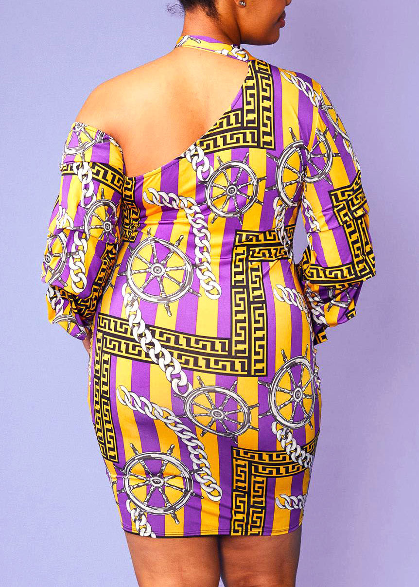 Plus Size Multi Stripe Print One Shoulder Bodycon Dress Mustard