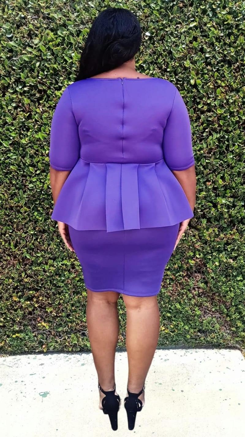 Plus Size Scuba Round  Neck Ruff Hem Peplum Knee Dress