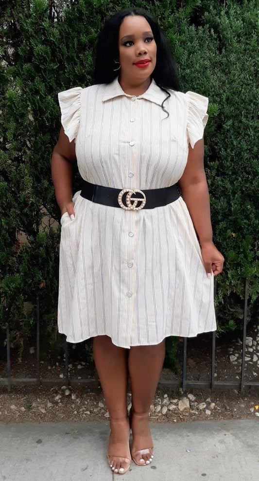 Plus Size  Striped with Ruffled Details Buttons Down Dress