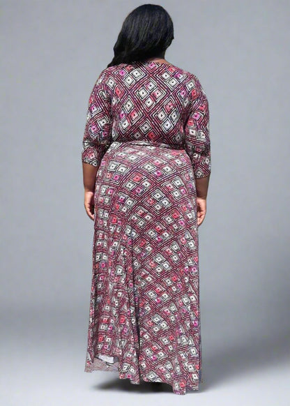 Plus Size Unique pattern loose Fit Pleats Flare Maxi Dress with Pockets