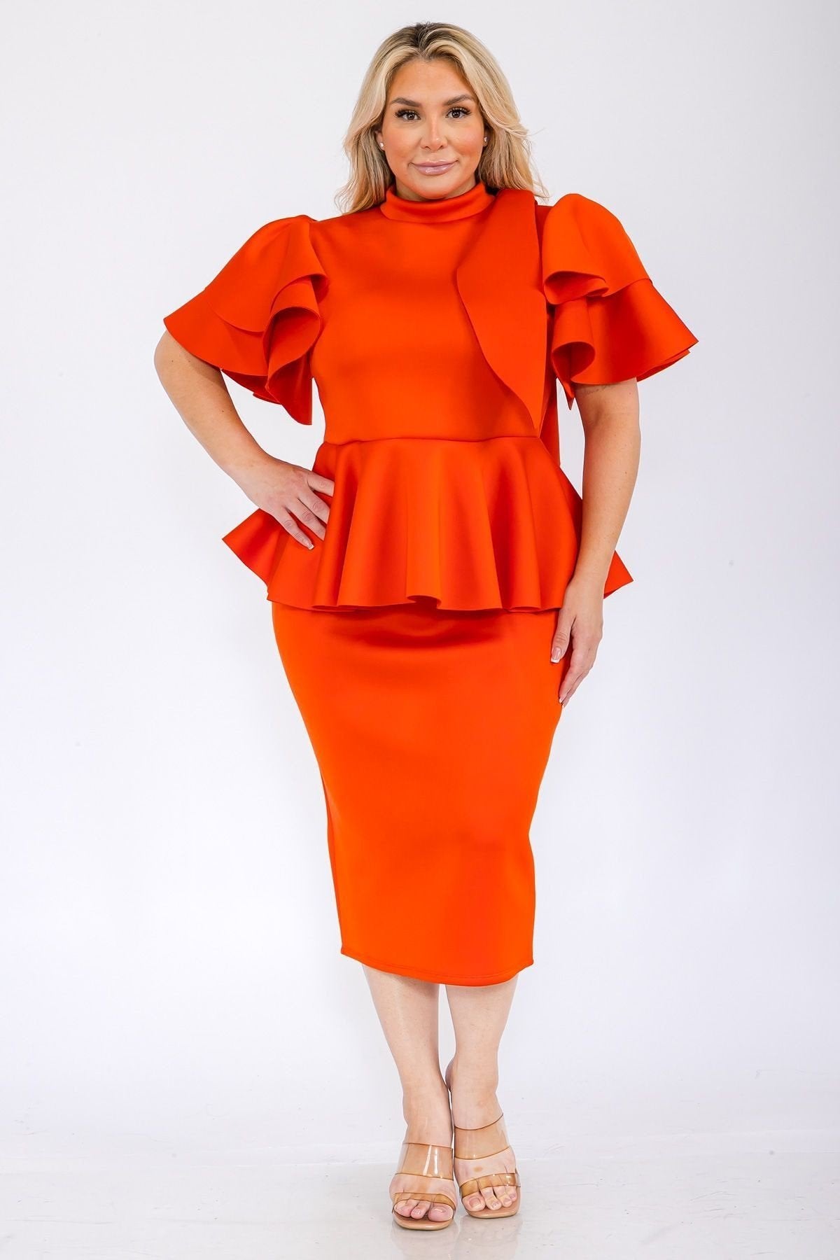 Plus Size Women Fluffy Bow Tie shoulder Hem Peplum Blouse and Skirt Set