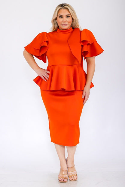 Plus Size Women Fluffy Bow Tie shoulder Hem Peplum Blouse and Skirt Set