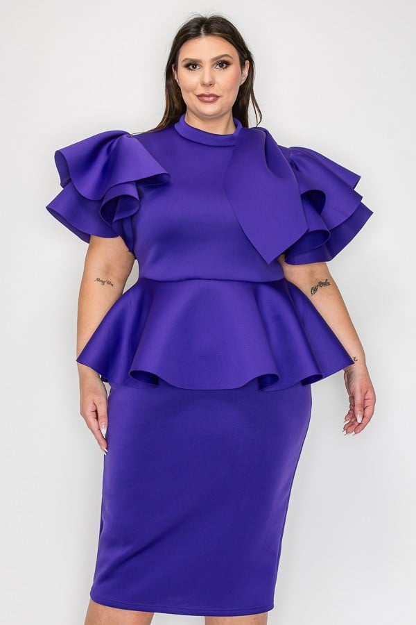 Plus Size Women Fluffy Bow Tie shoulder Hem Peplum Blouse and Skirt Set