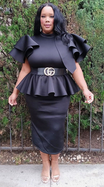 Plus Size Women Fluffy Bow Tie shoulder Hem Peplum Blouse and Skirt Set