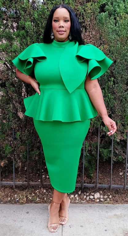 Plus Size Women Fluffy Bow Tie shoulder Hem Peplum Blouse and Skirt Set