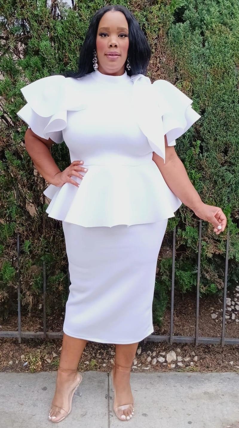 Plus Size Women Fluffy Bow Tie shoulder Hem Peplum Blouse and Skirt Set