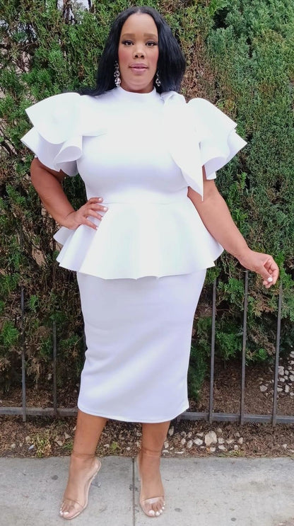 Plus Size Women Fluffy Bow Tie shoulder Hem Peplum Blouse and Skirt Set