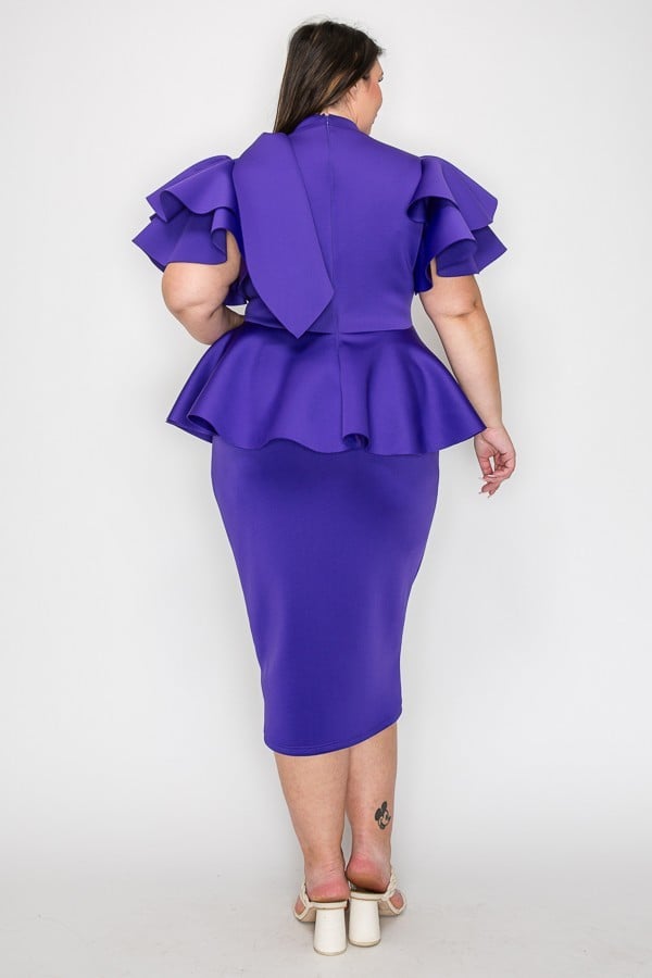 Plus Size Women Fluffy Bow Tie shoulder Hem Peplum Blouse and Skirt Set