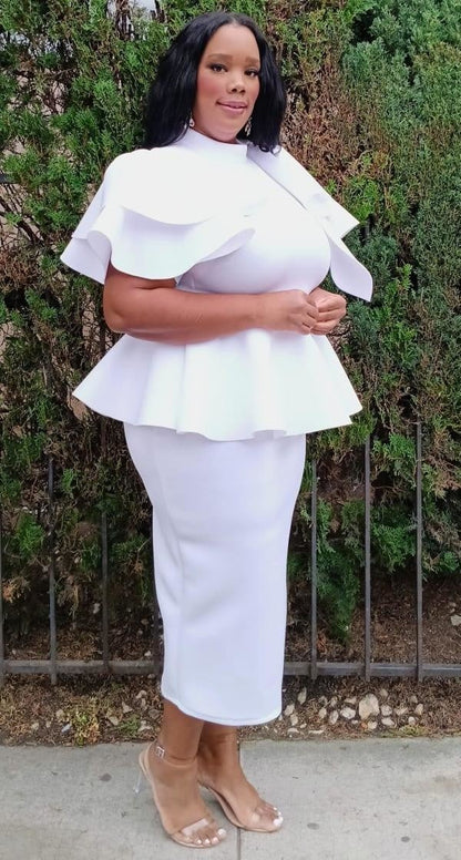 Plus Size Women Fluffy Bow Tie shoulder Hem Peplum Blouse and Skirt Set