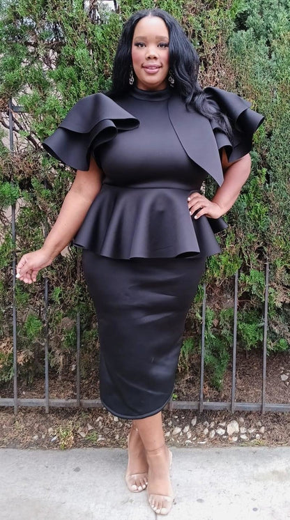 Plus Size Women Fluffy Bow Tie shoulder Hem Peplum Blouse and Skirt Set