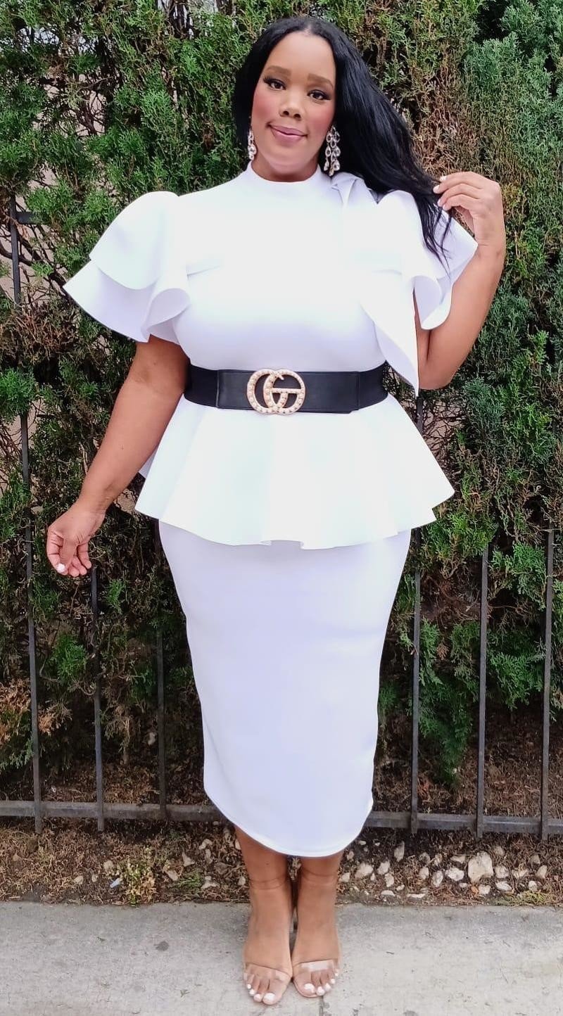 Plus Size Women Fluffy Bow Tie shoulder Hem Peplum Blouse and Skirt Set