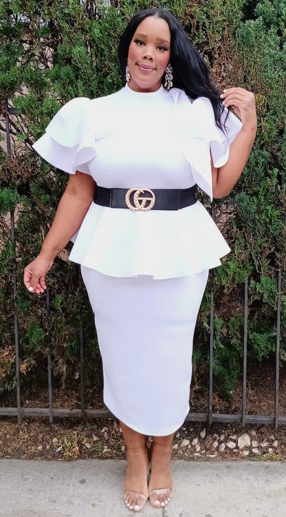 Plus Size Women Fluffy Bow Tie shoulder Hem Peplum Blouse and Skirt Set