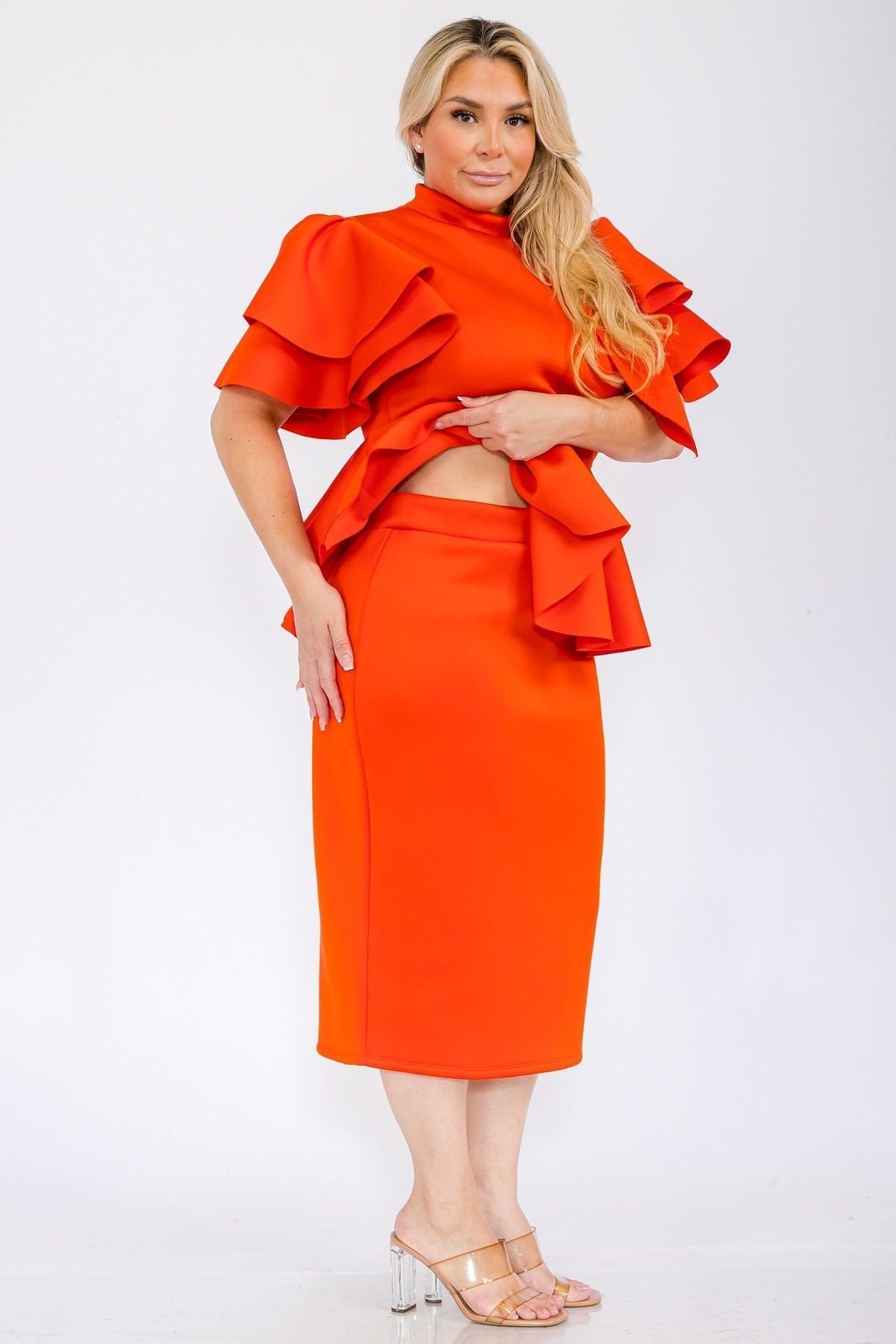 Plus Size Women Fluffy Bow Tie shoulder Hem Peplum Blouse and Skirt Set