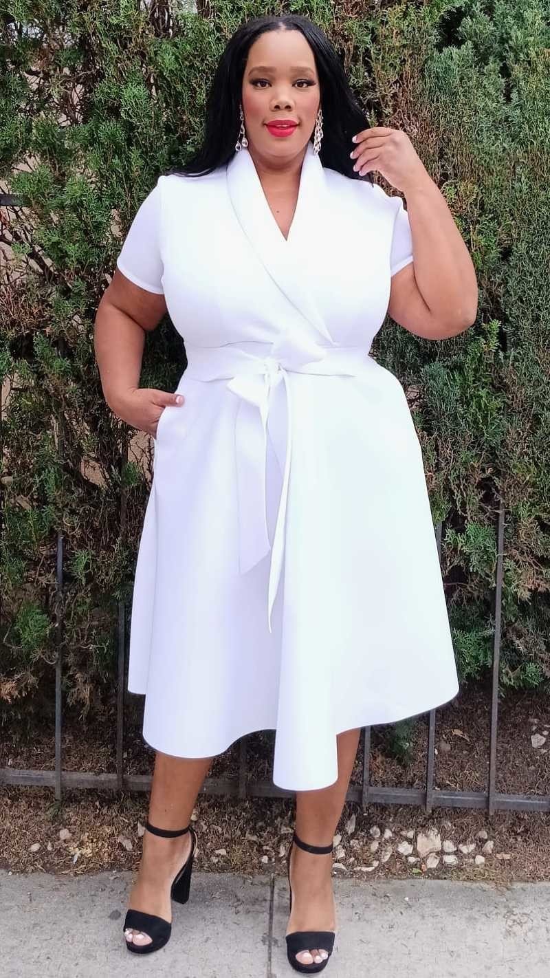 Plus Size Wrap Front Midi Dress with Belt and Pockets Made in USA