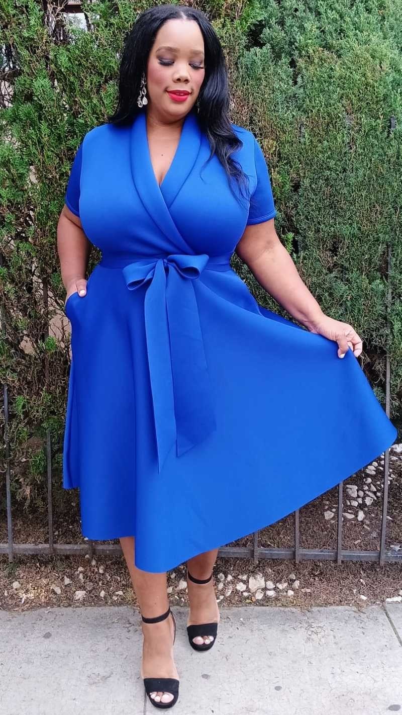 Plus Size Wrap Front Midi Dress with Belt and Pockets Made in USA