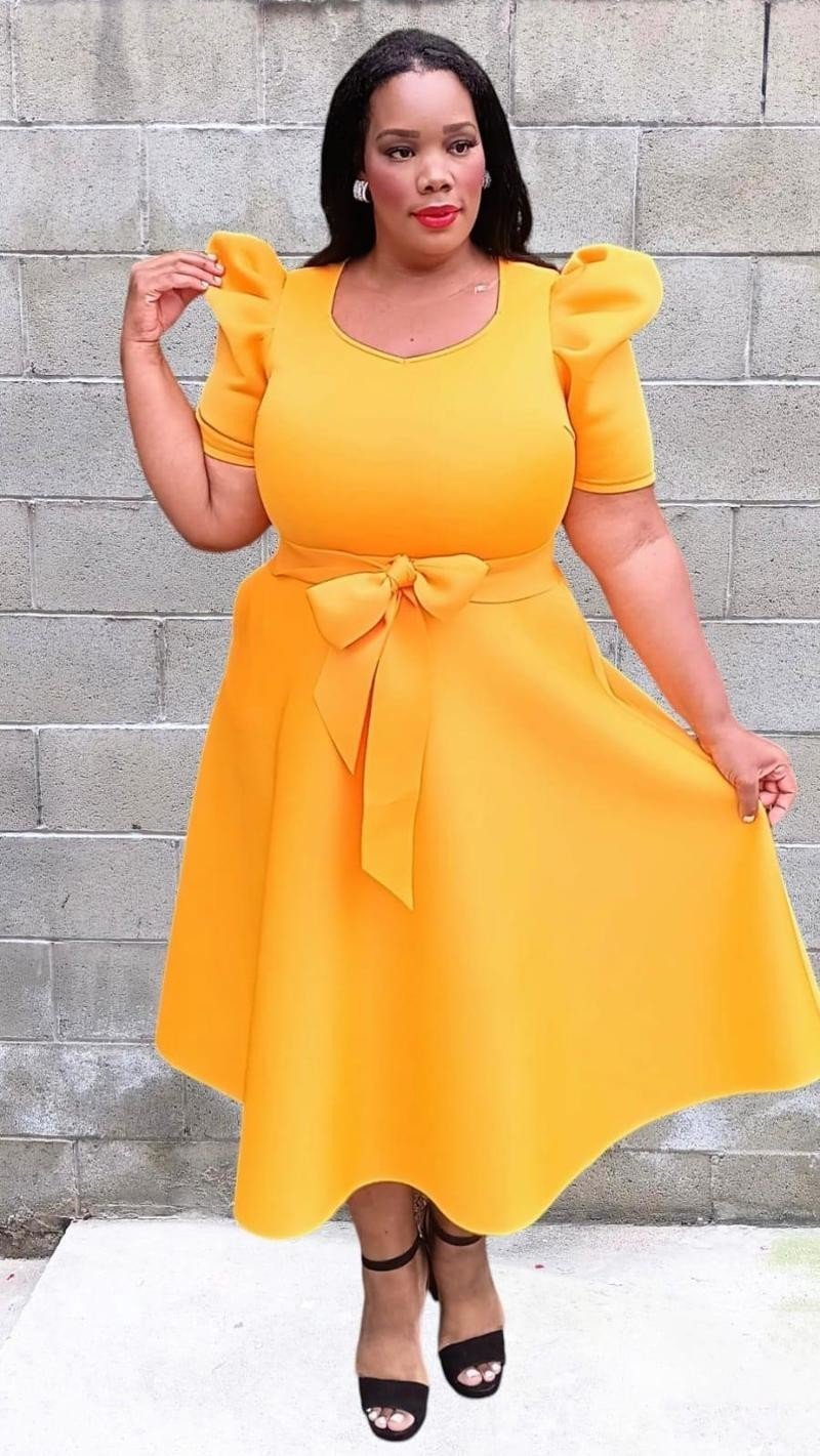 slim fit dress slacks Puff Sleeve Pleated High Waist Flowy Midi Dress – Charming Charlie main image 1
