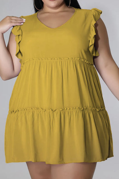 HI Curvy Plus Size Women V-Neck Frill Trim Mini Dress