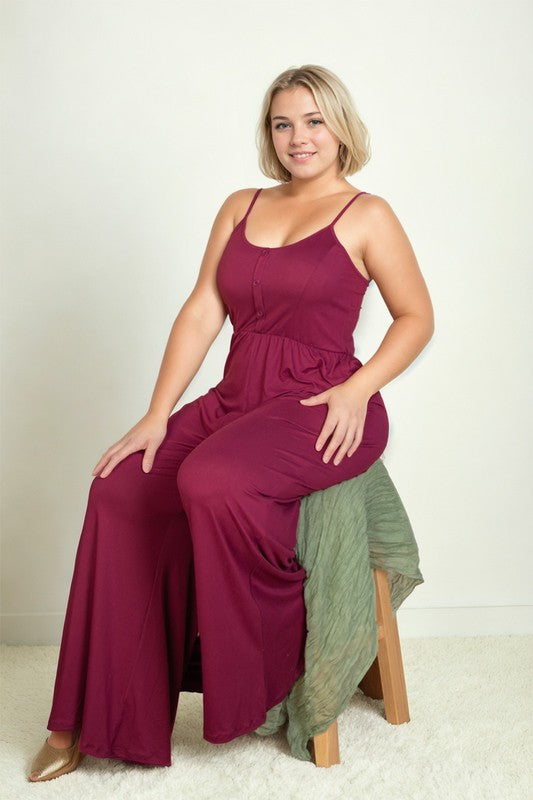 HI Curvy Plus Size Button Front Wide Leg Jumpsuit