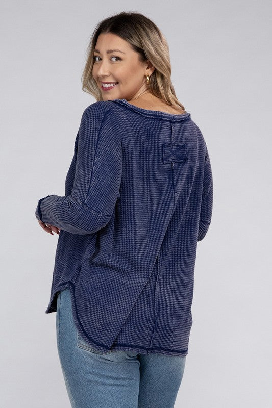 Plus Size Washed Baby Waffle Oversized Long Sleeve Top