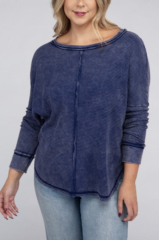 Plus Size Washed Baby Waffle Oversized Long Sleeve Top
