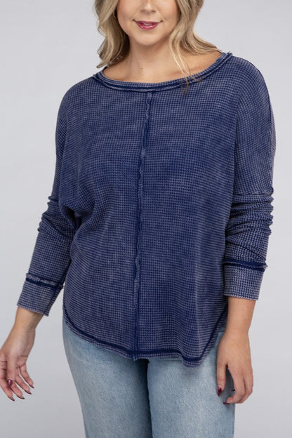 Plus Size Washed Baby Waffle Oversized Long Sleeve Top