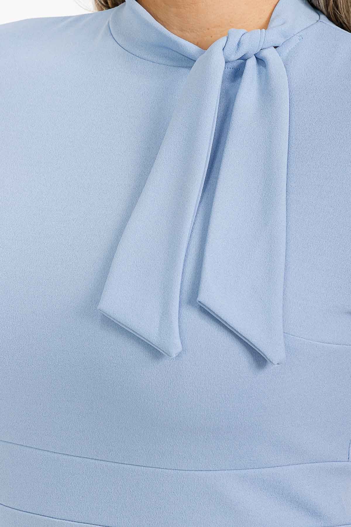 Plus Size Short Sleeves Peplum Knee  Tie Neck Dress