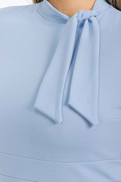 Plus Size Short Sleeves Peplum Knee  Tie Neck Dress