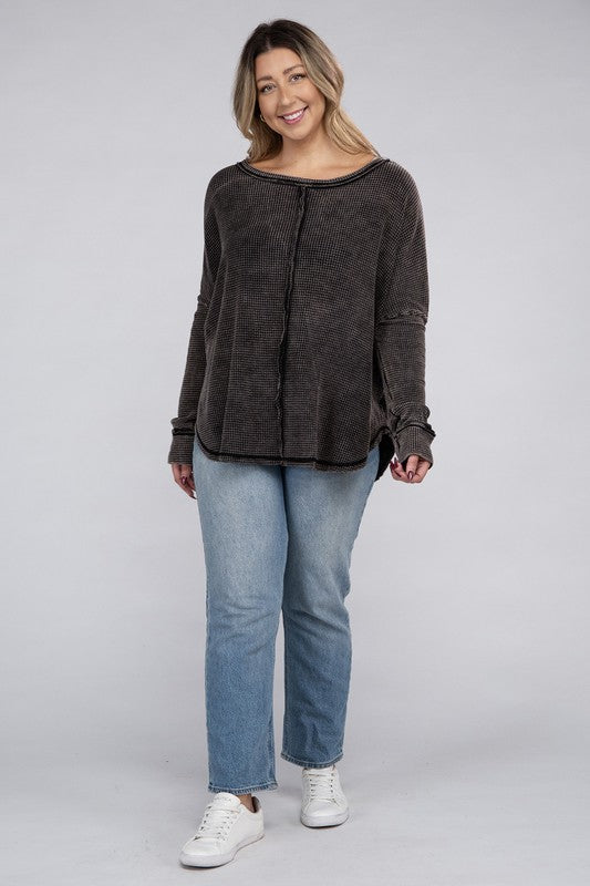 Plus Size Washed Baby Waffle Oversized Long Sleeve Top