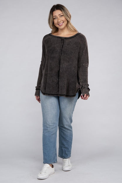 Plus Size Washed Baby Waffle Oversized Long Sleeve Top