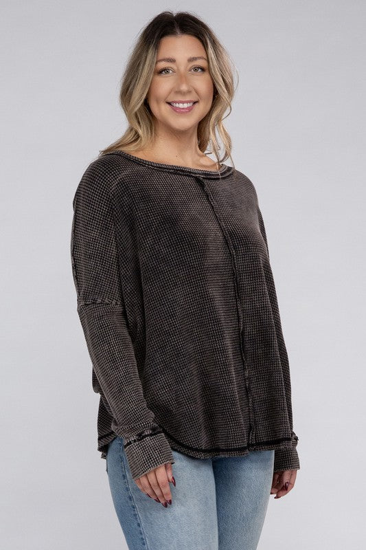 Plus Size Washed Baby Waffle Oversized Long Sleeve Top