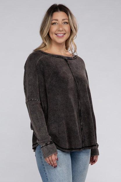 Plus Size Washed Baby Waffle Oversized Long Sleeve Top