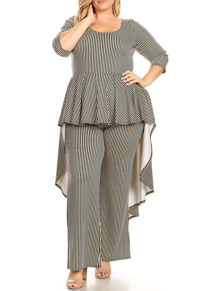 HI Curvy Plus Size Women Striped Hi- Low Peplum Top & Pants Set