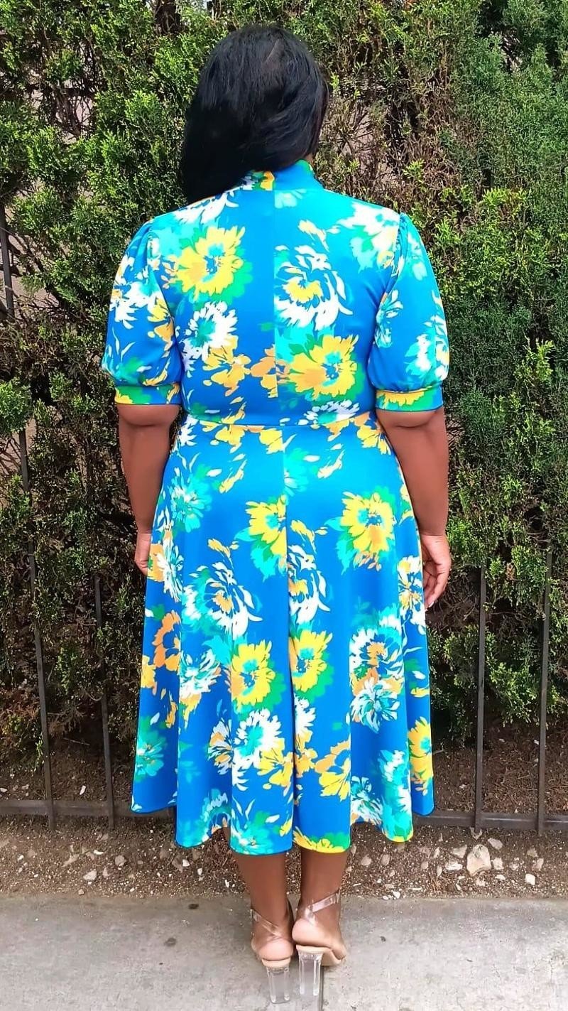 Hi Curvy Plus Size Flora Print Bow Collar Fit & Flare Midi Dress