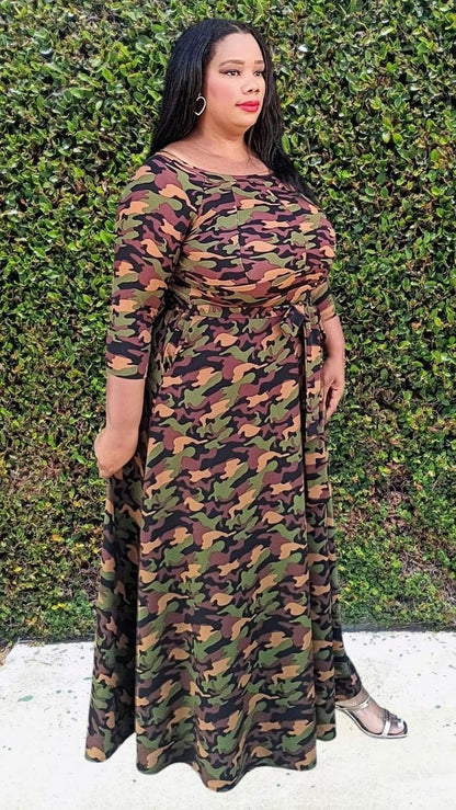 HI Curvy Plus Size Women Flare Camouflaged Maxi Dress with Pockets
