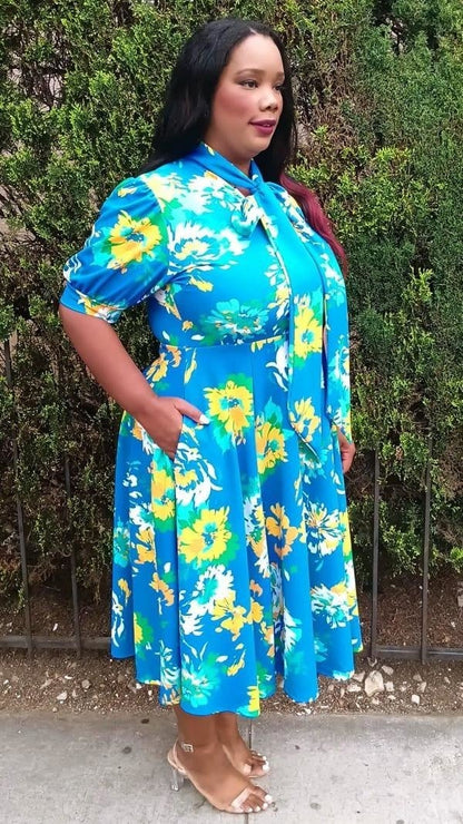 Hi Curvy Plus Size Flora Print Bow Collar Fit & Flare Midi Dress