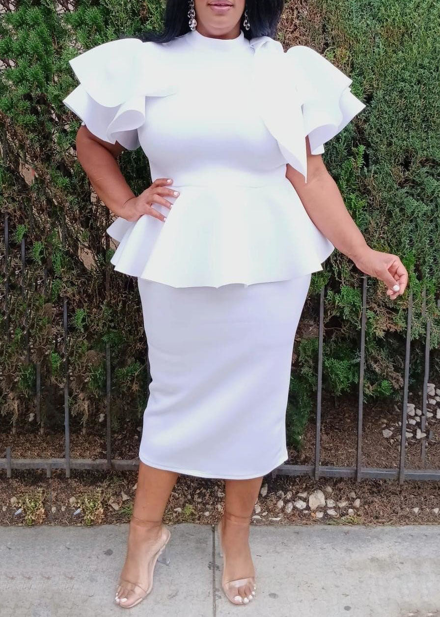 Hi Curvy Plus Size Women Ruffle Hem Peplum Blouse and Skirt Set