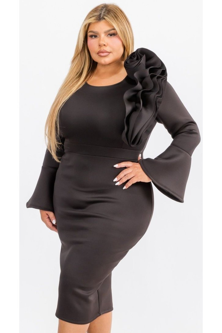 Plus Size Bell Sleeves Elegance Flower Shoulder Detail Midi Dresses – HI  CURVY