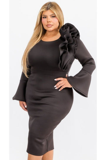 Plus Size Puffy Cap 3/Sleeves Wrap Peplum Midi Dresses with Bow Waist Detail