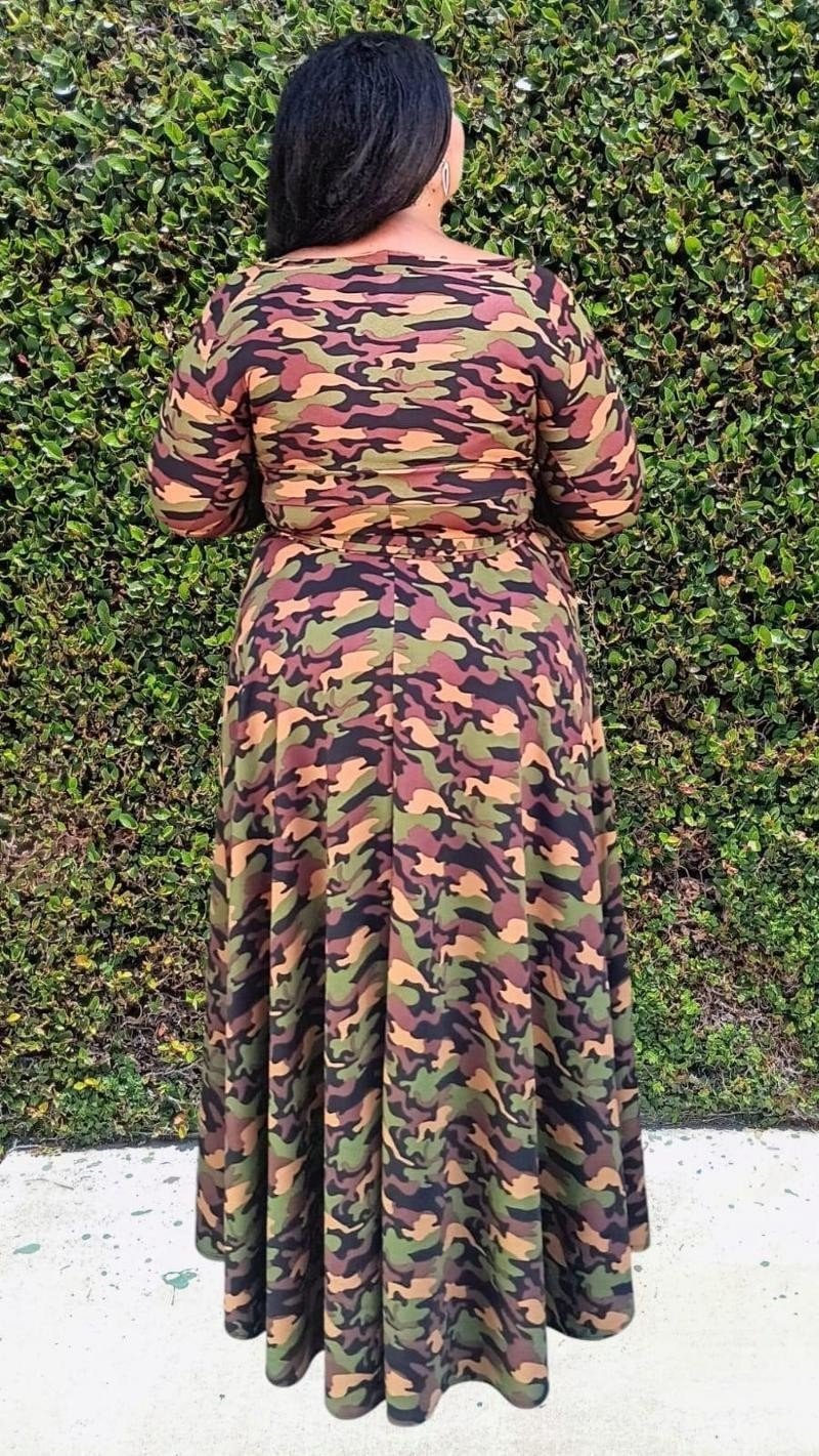 HI Curvy Plus Size Women Flare Camouflaged Maxi Dress with Pockets