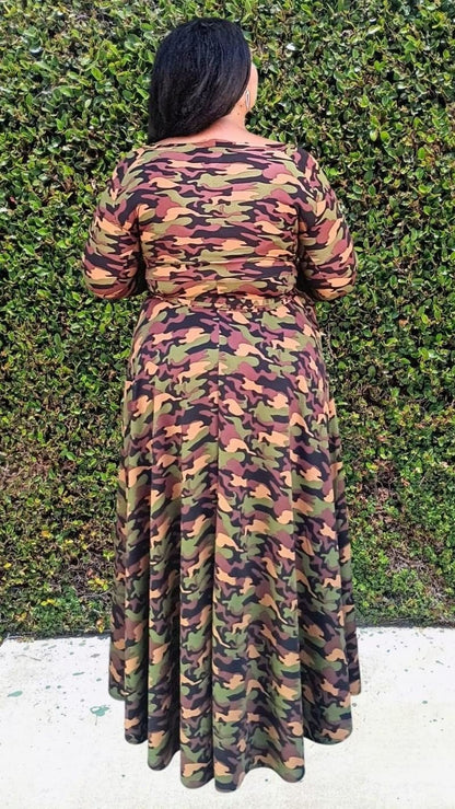 HI Curvy Plus Size Women Flare Camouflaged Maxi Dress with Pockets