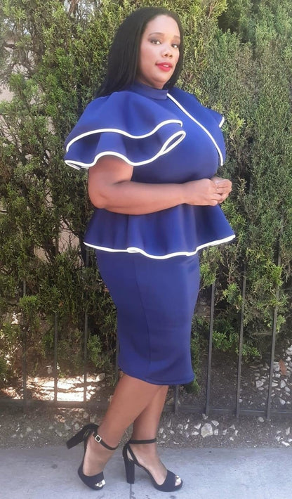 Hi Curvy Plus Size Women Ruffle Hem Peplum Blouse and Skirt Set