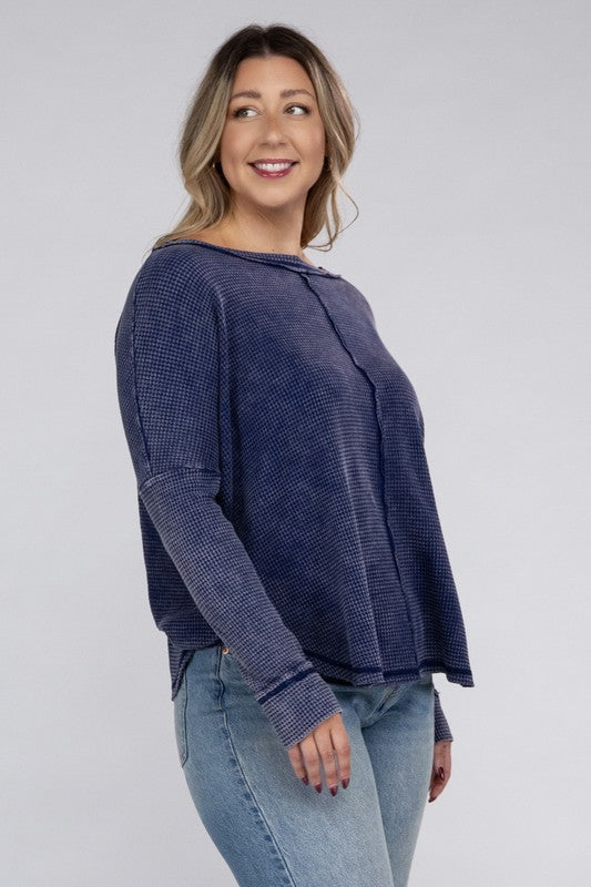 Plus Size Washed Baby Waffle Oversized Long Sleeve Top