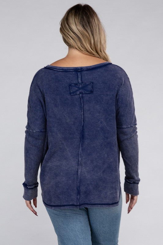 Plus Size Washed Baby Waffle Oversized Long Sleeve Top