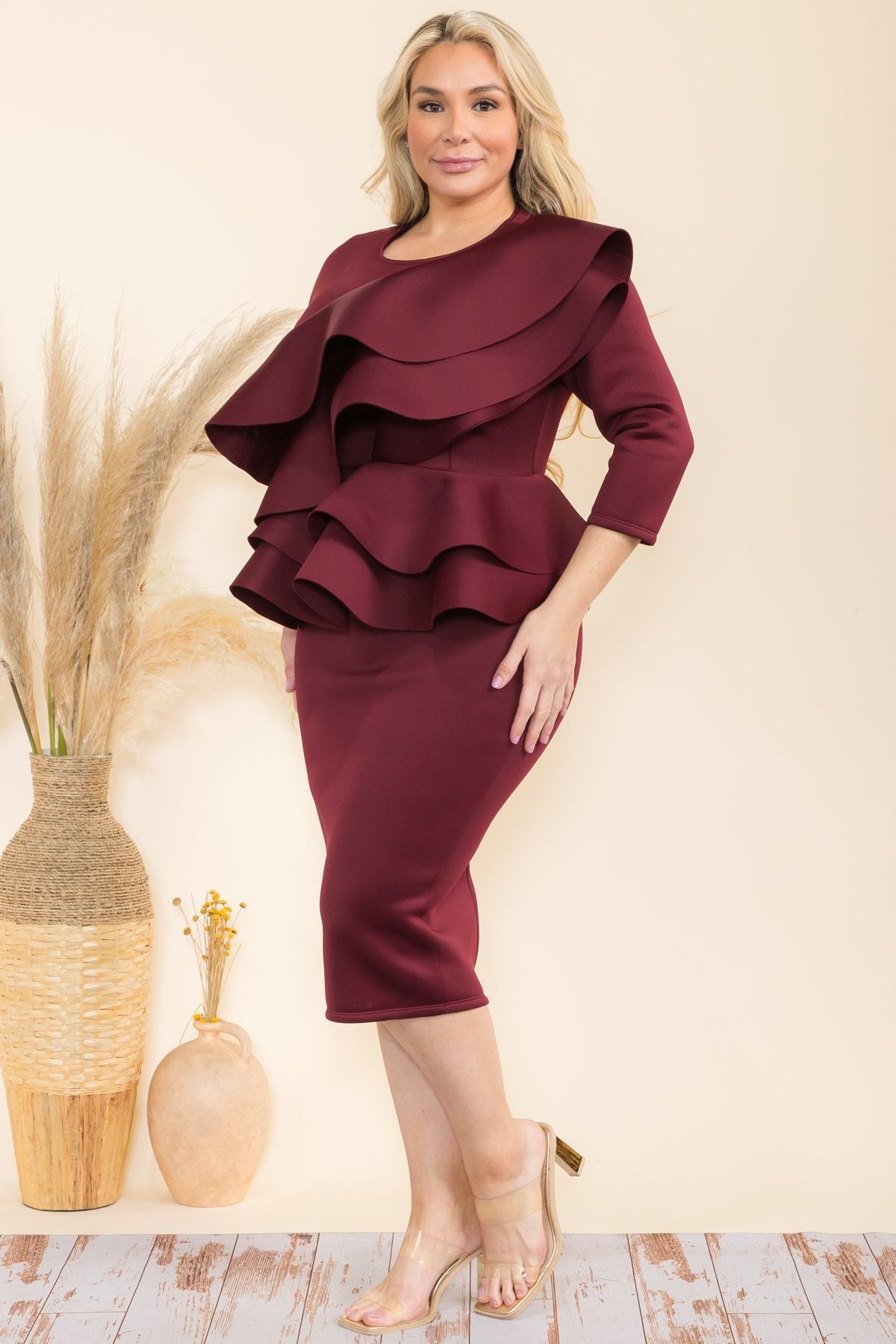 Plus Size Double Layer Detail Front and Double Ruffle Hem Peplum Midi HI CURVY Plus Size Double Layer Detail Front and Double Ruffle Hem Peplum Midi HI CURVY